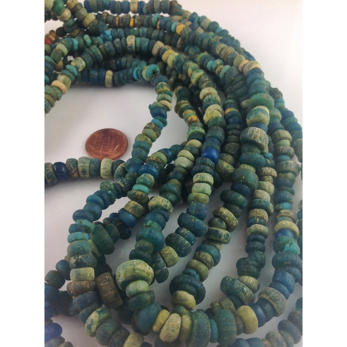 Very Blue and Faded Green Antique Medium Nila Dardig beads, Mali, 24 inch Strand - Rita Okrent Collection (AT0660)