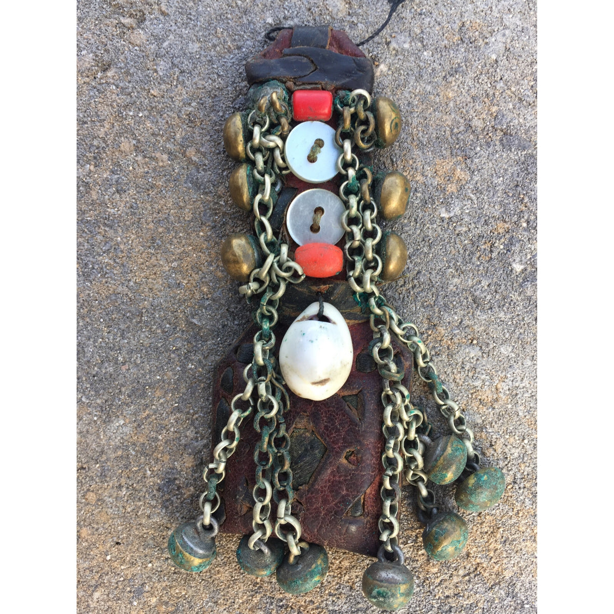 Harratine Gris Gris Leather Protective Amulet with Buttons, Shell, Chains and Brass, Morocco - P564