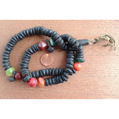 Traditional Vintage Mauritanian Ebony Prayer Beads - Tesbih - Rosary -  with Old Colorful Bohemian Glass Beads and Focal Pendant, Africa - ANT403