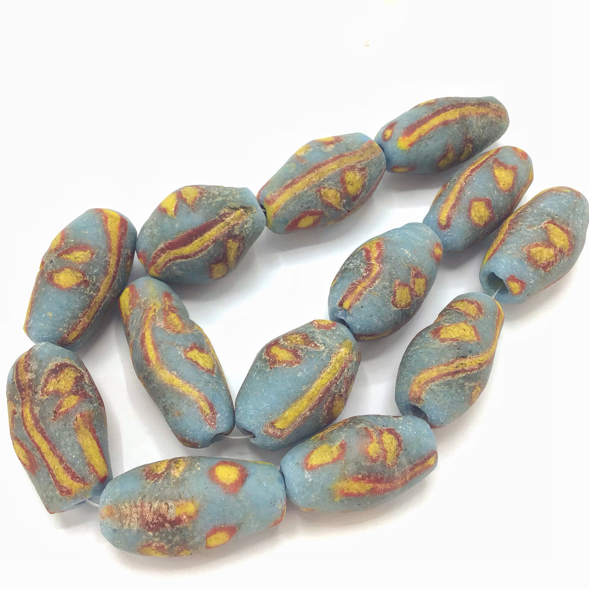 Vintage Blue, Yellow and Red Krobo Powder Glass Bicone Beads, Ghana - Rita Okrent Collection (AT0748)