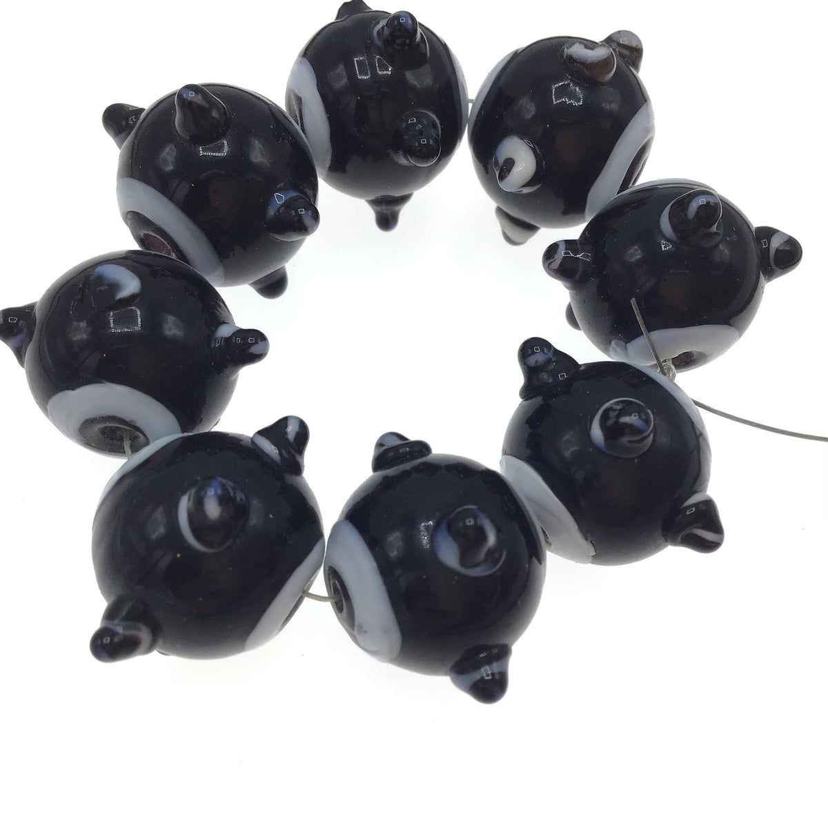 Black and White Matched Glass Art Beads, with Raised Eyes - Rita Okrent Collection (C326b)