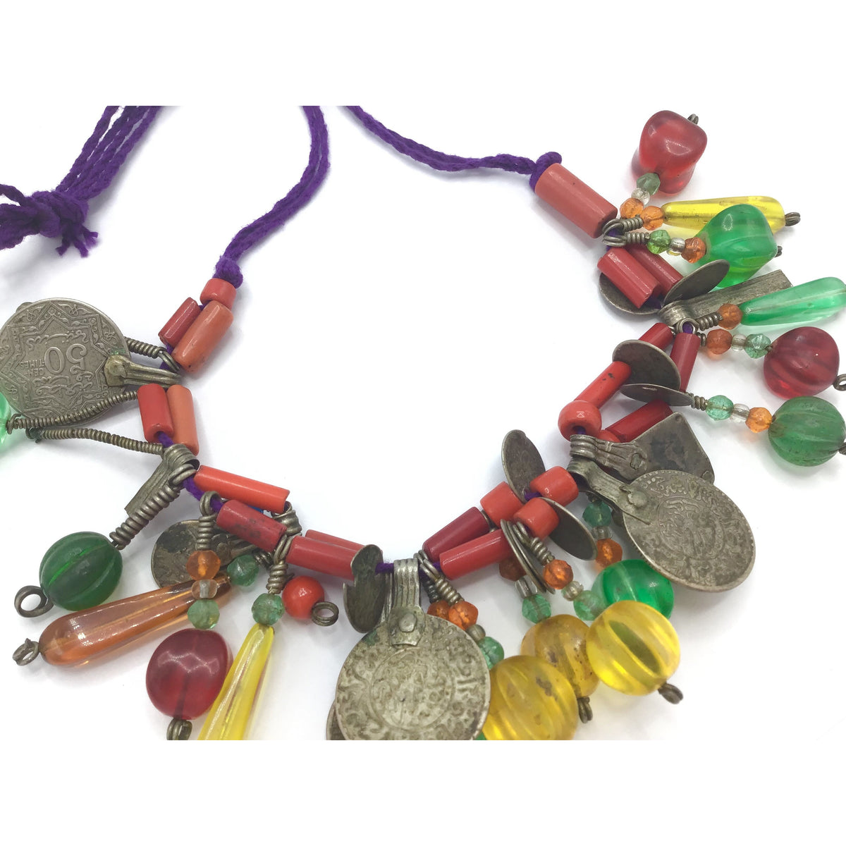 Traditional Rural Berber Necklace with Coin Pendants and Glass Earring Elements - Rita Okrent Collection (NE516)