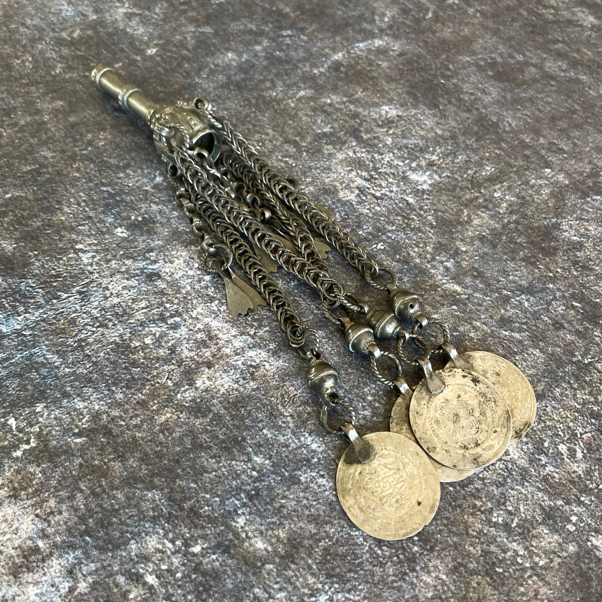 Palestinian Bedouin Silver Temporal Pendant with Hanging Hamsas and Coins - Rita Okrent Collection (C803b)