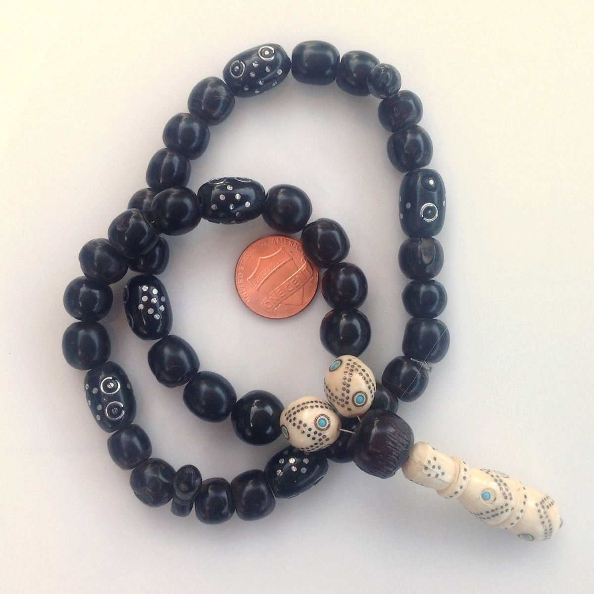 Red Sea Black Coral, Ebony and Bone Prayer Bead Strand with Inlaid Silver, Yemen - Rita Okrent Collection (C194)