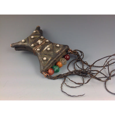 Tuareg Tcherot Leather and Silver Double Amulet, with Raised Buttons and Decorative Beads, Mauritania - Rita Okrent Collection (P642e)