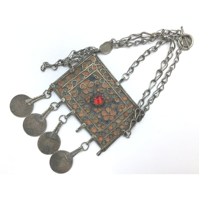 Rural Moroccan Berber Silver Painted Pendant with Red Glass Setting and Chain - Rita Okrent Collection (P599)