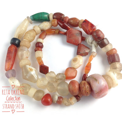 Mixed Ancient Rock Crystal, Quartz, Carnelian and Agate Stone Bead 28 Inch Strands from Mali - S403