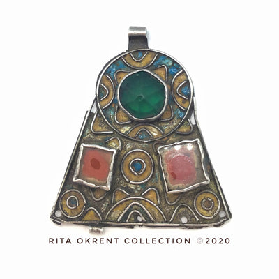 Enameled Berber Silver Pendant with Glass Insets, Morocco - Rita Okrent Collection (P569)