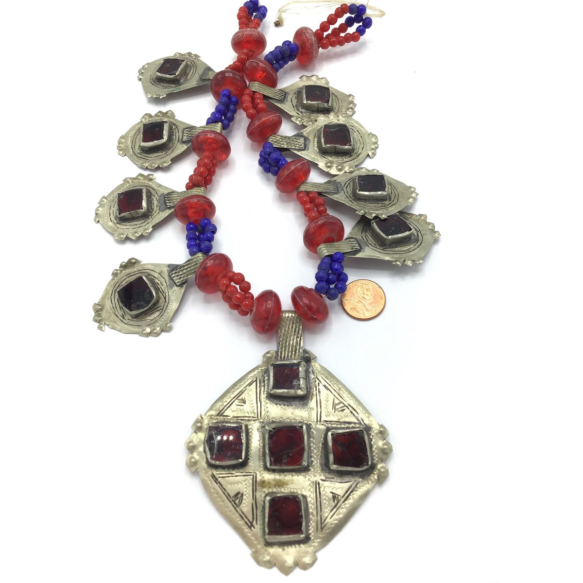 Rural Berber Soussi Metal Necklace with Red and Blue Beads, Morocco - Rita Okrent Collection (NE696)