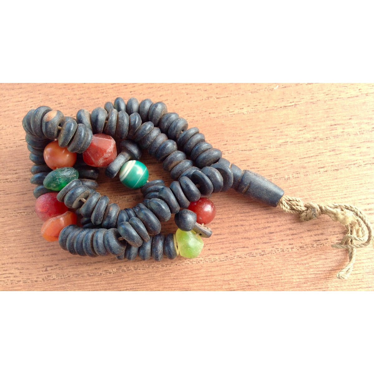 Traditional Vintage Mauritanian Ebony Prayer Beads - Tesbih - Rosary -  with Old Colorful Bohemian Glass Beads and Focal Pendant, Africa - ANT403