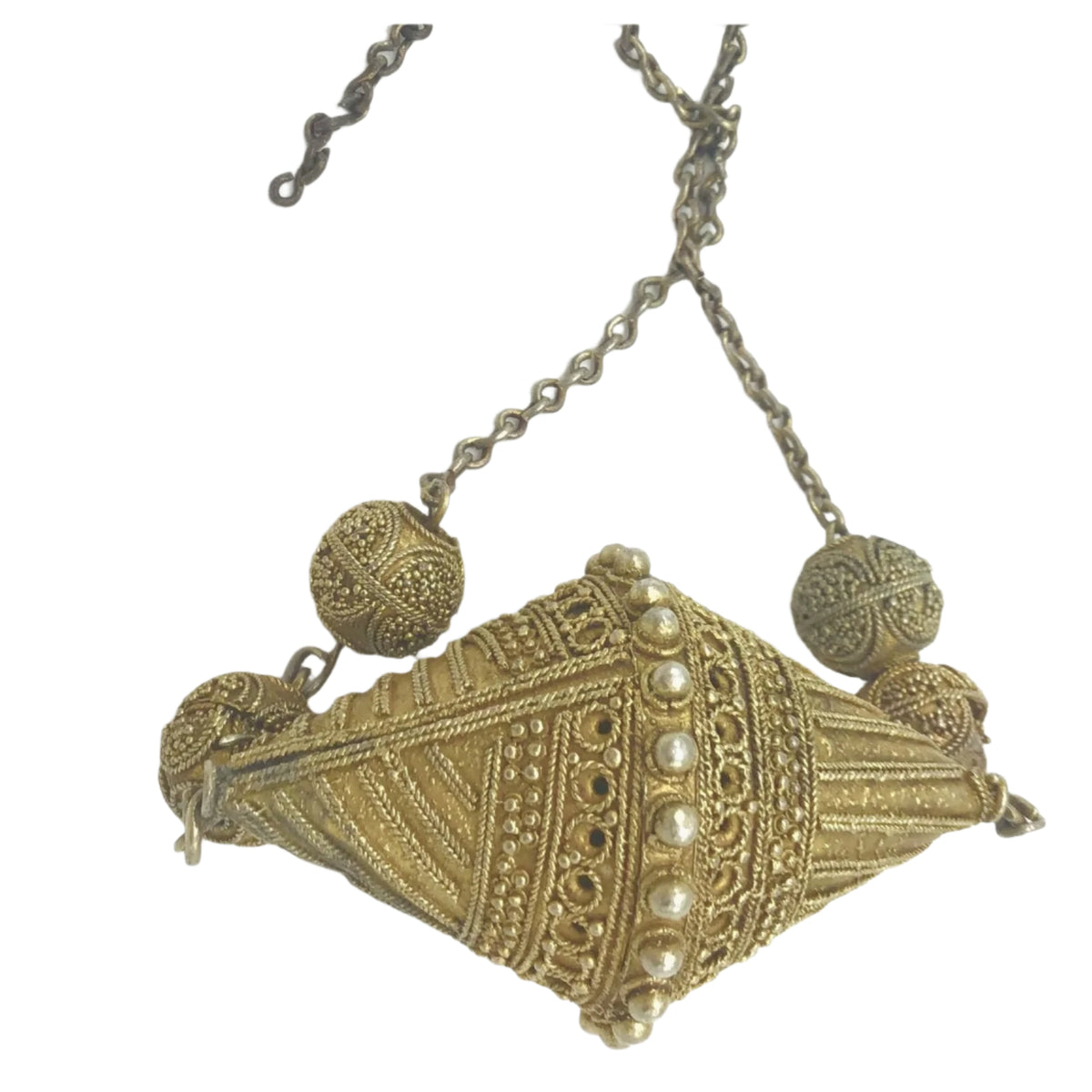 Gilded Silver Toucouleur Bicone Decorated Focal Bead on Chain, Senegal or Mauritania - Rita Okrent Collection (C507)