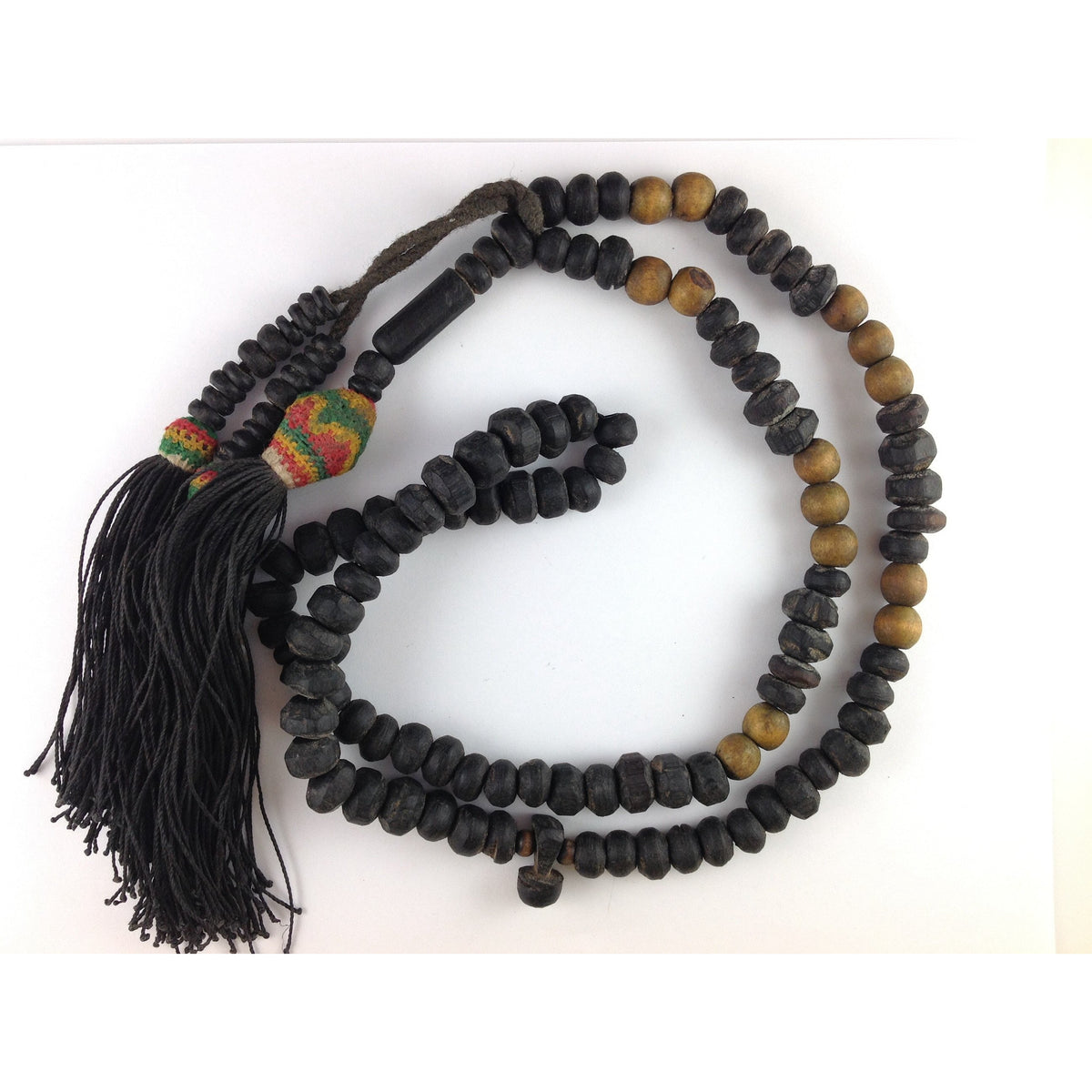 Lovely Old Long Decorative Mauritanian Wood Rosary Prayer Beads Tesbih with 3 Tassels - ANT222