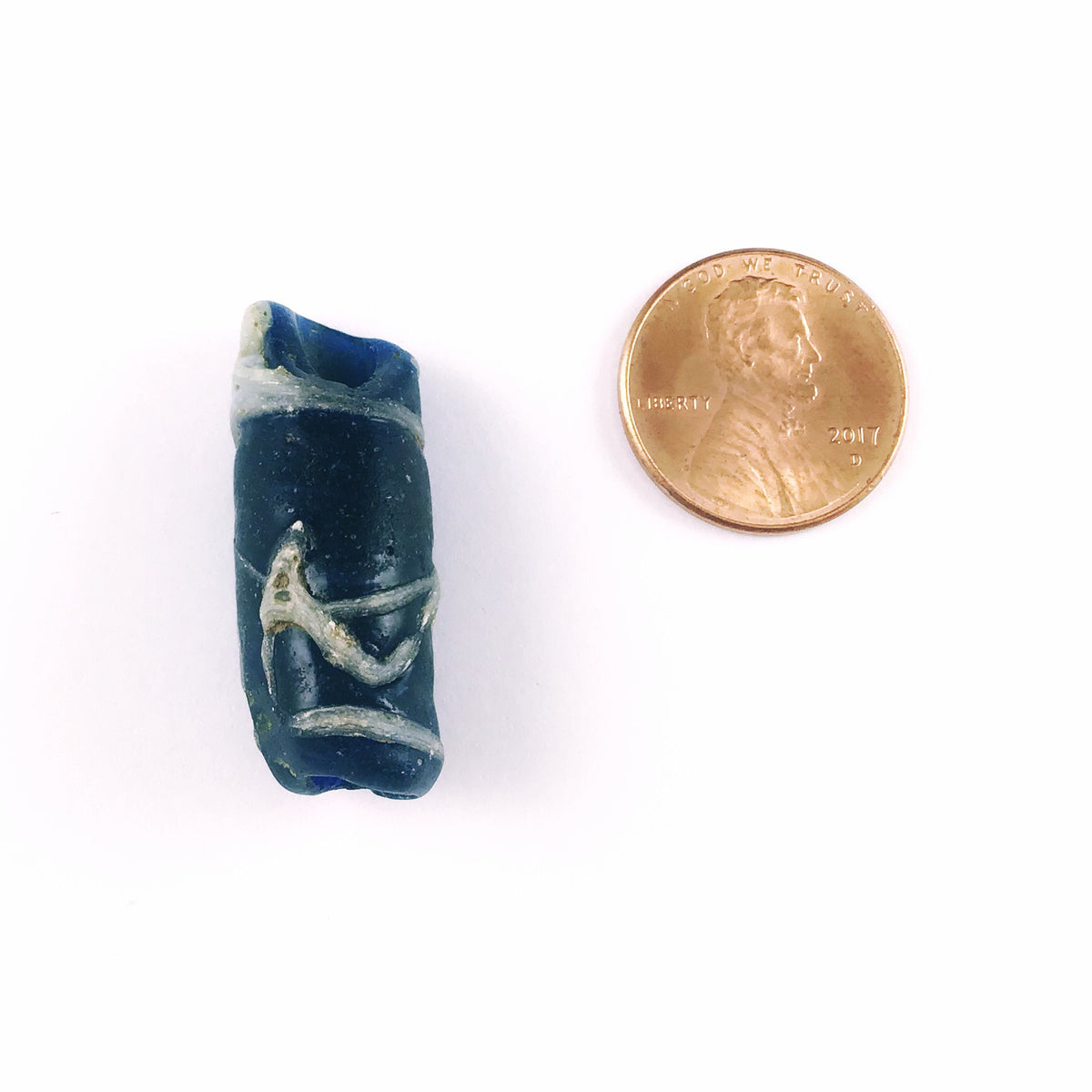 Black Cylindrical Islamic Glass Bead with White Trails, Near East - Rita Okrent Collection (AG076c)