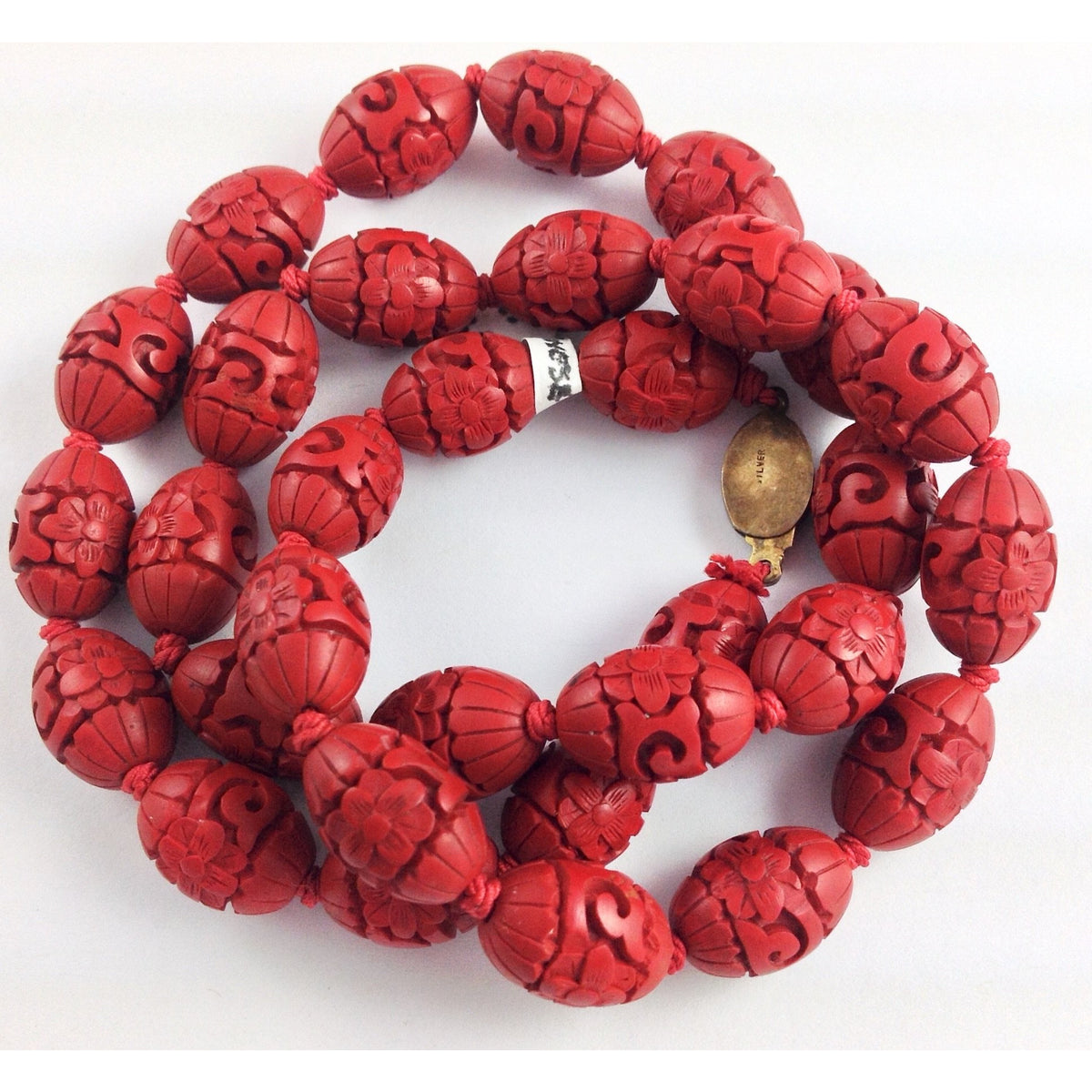 Carved Crimson Chinese Cinnabar Bead Necklace, 1900&#39;s, Hong Kong - ANT035