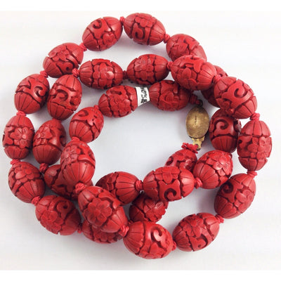 Carved Crimson Chinese Cinnabar Bead Necklace, 1900's, Hong Kong - ANT035