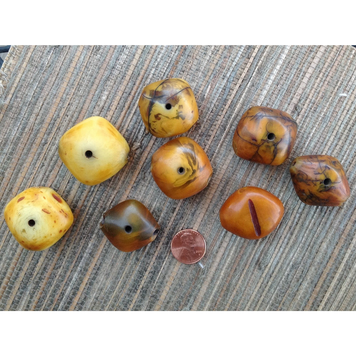 Mauritanian Diamond Shaped Phenolic Resin Beads in Yellow, Orange and with Black Markings - ANT508