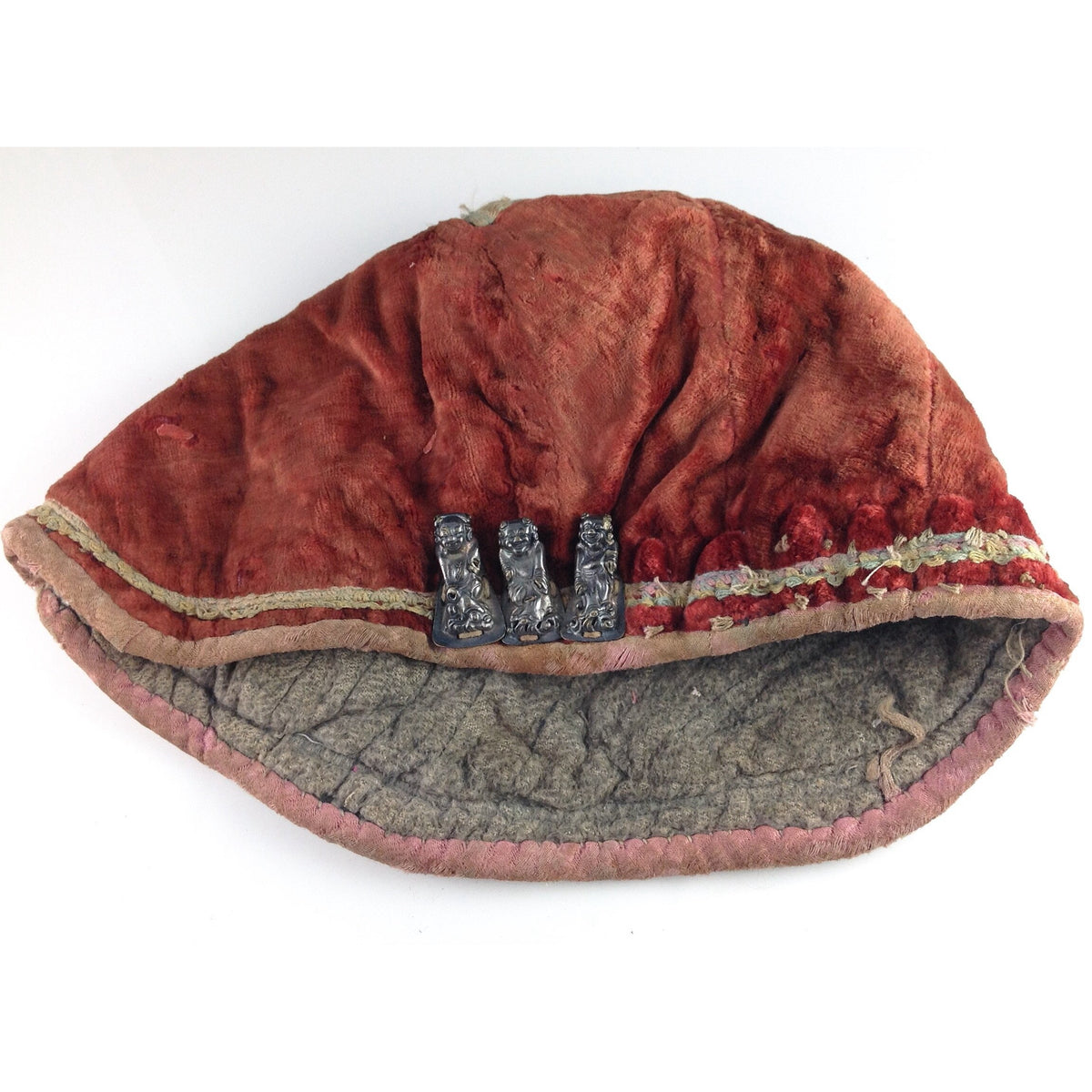 Red Orange Velvet Tiger Hat, Mainland China with 3 Silver Amulets - Rita Okrent Collection (AA025)