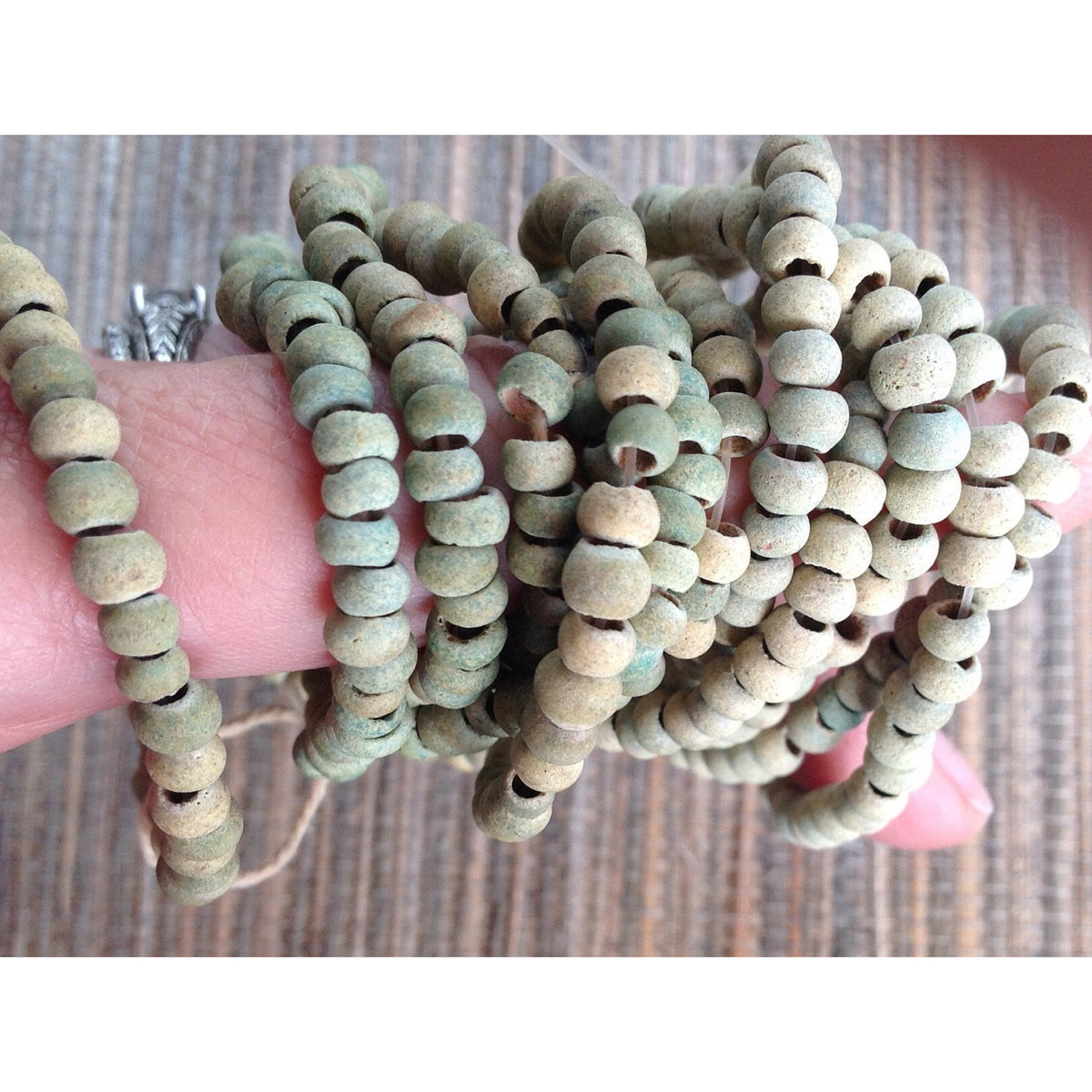 Rare Green-Hued Beige Antique Small Round Glass Excavated Beads, Europe via Mali - ANT321