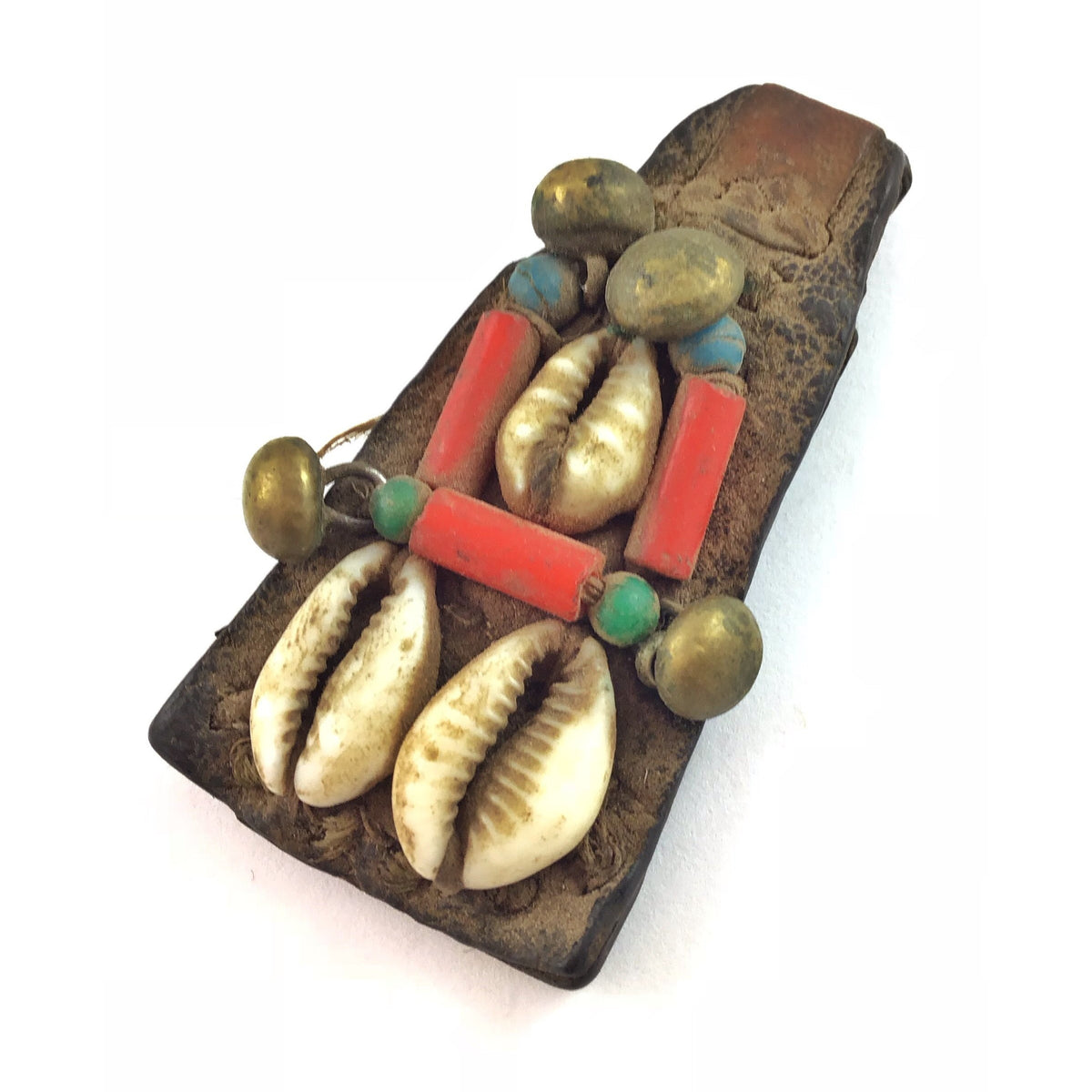 Harratine Gris Gris Leather Protective Amulet with Shells, Beads and Brass, Morocco - Rita Okrent Collection (P564b)