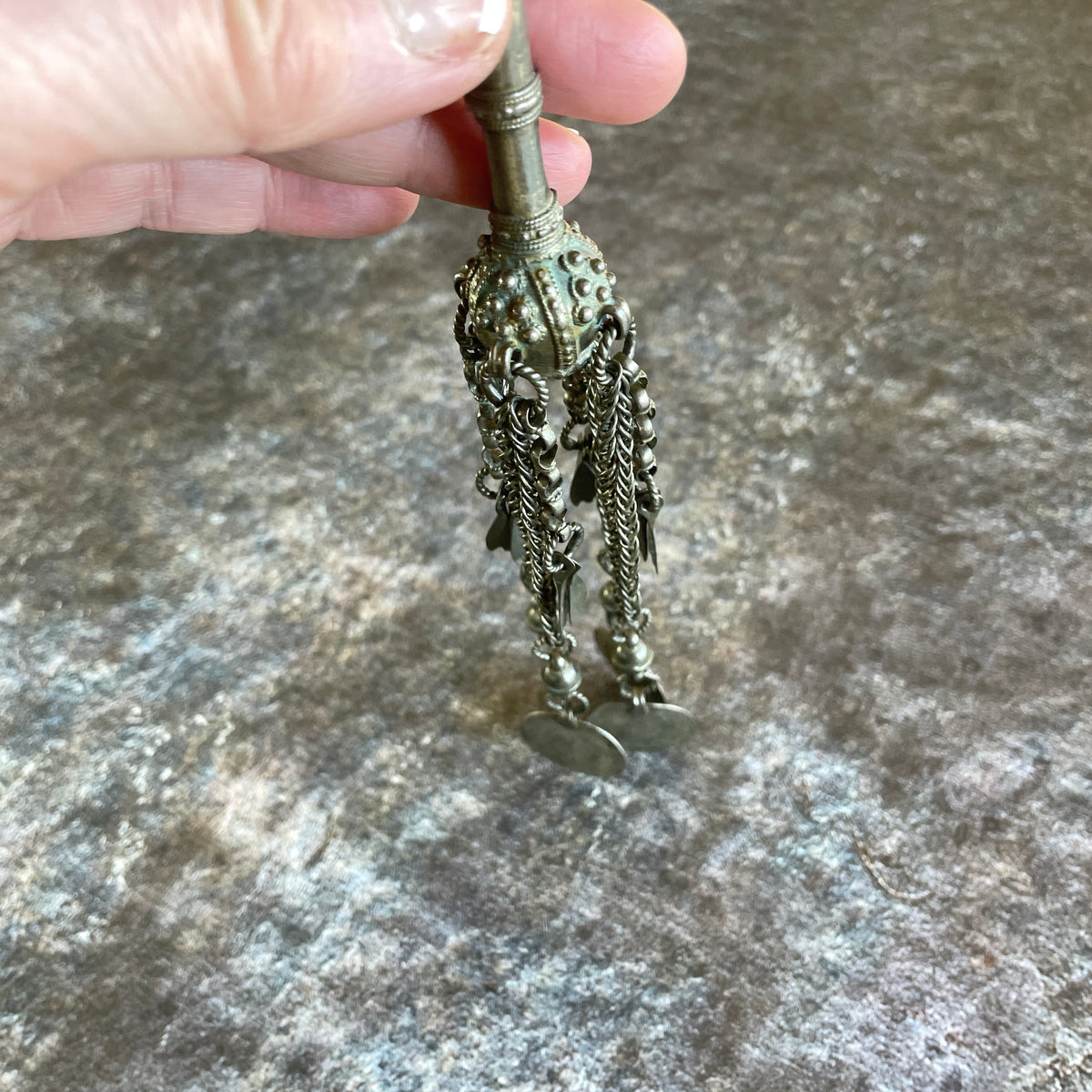 Palestinian Bedouin Silver Temporal Pendant with Hanging Hamsas and Coins - Rita Okrent Collection (C803b)