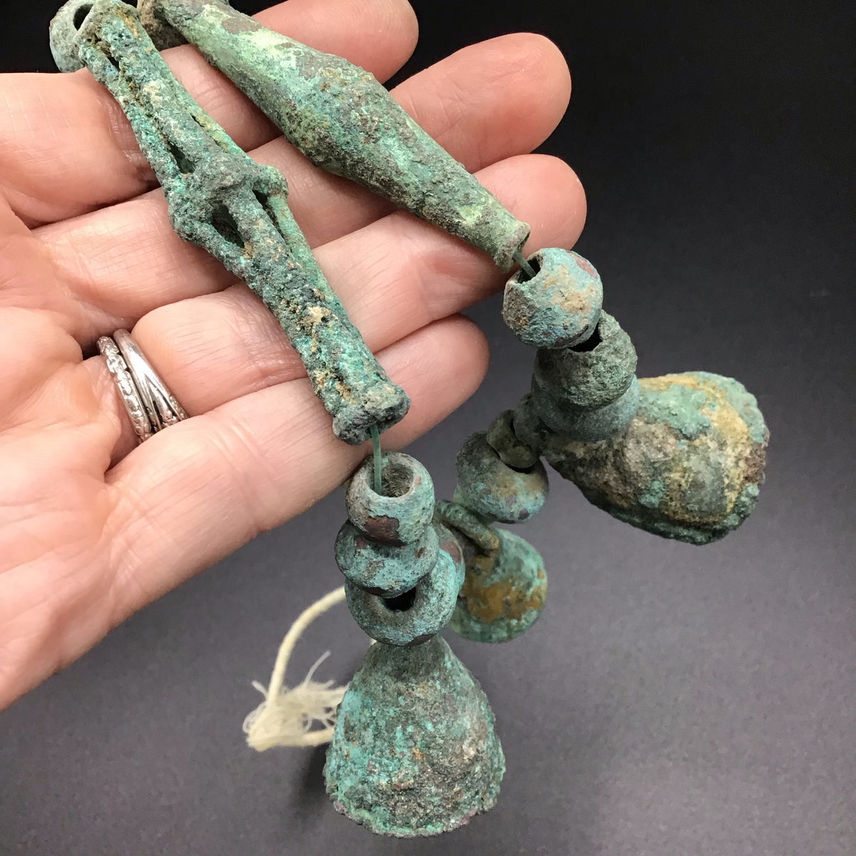 Antique Bronze Bead Necklace with Hanging Bell Pendants and Lots of Patina, Mali - Rita Okrent Collection (C174c)