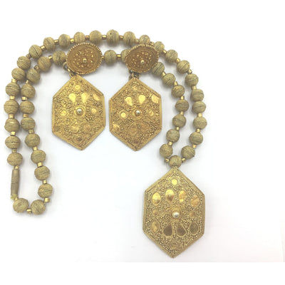 Mauritanian Traditional Bridal Necklace and Matching Earring Set, with Gold-Washed Matching Pendant - Rita Okrent Collection (NE402)
