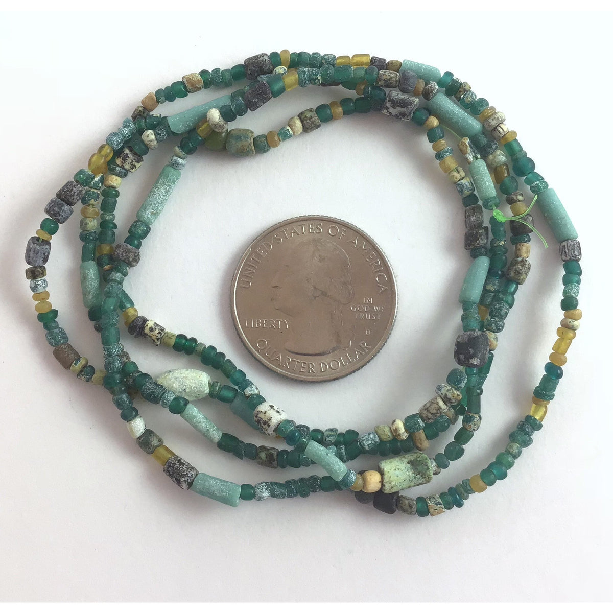 Varied length strands of Small Glass Nila Beads in Green, Yellow, and Blue Gray Colors- Rita Okrent Collection (AT1729)
