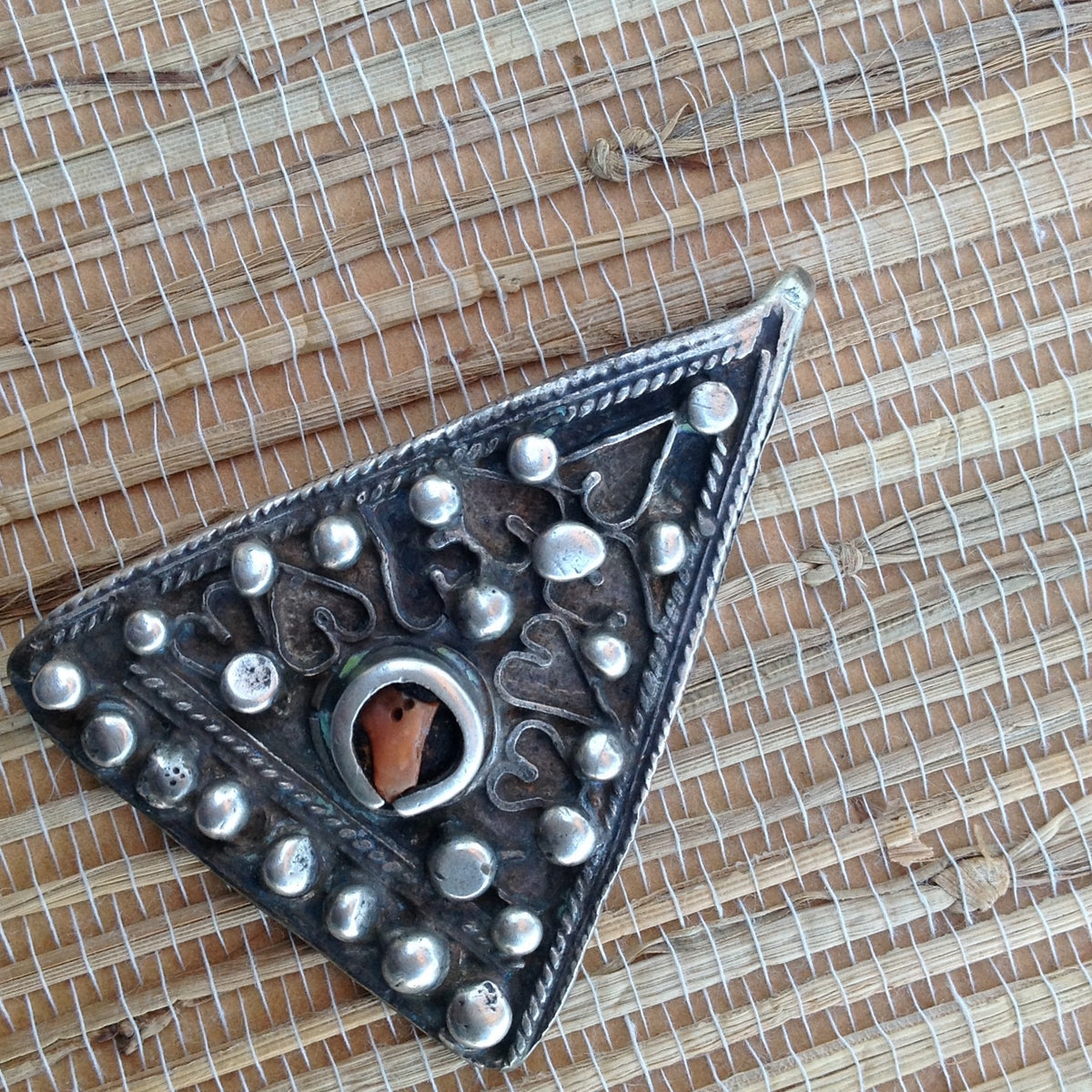 Exquisite Antique Silver and Coral Triangular Decorated Temporal Pendant from Tunisia - P570