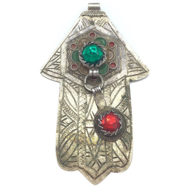 Vintage Etched Silver Berber Hamsa Pendant with Enamel and Green and Red Glass Insets, Morocco - Rita Okrent Collection (P590)