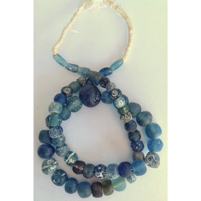 Mixed Ancient Excavated Islamic Blue and Green Glass and Eye Beads, Strand, Mali - AG112