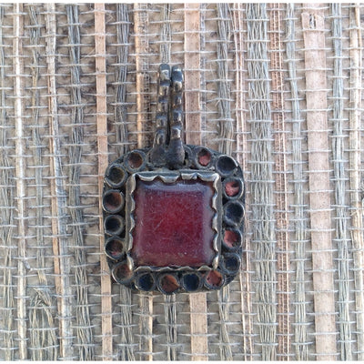 Antique Enameled Silver and Old Glass Pendant, Morocco - P613