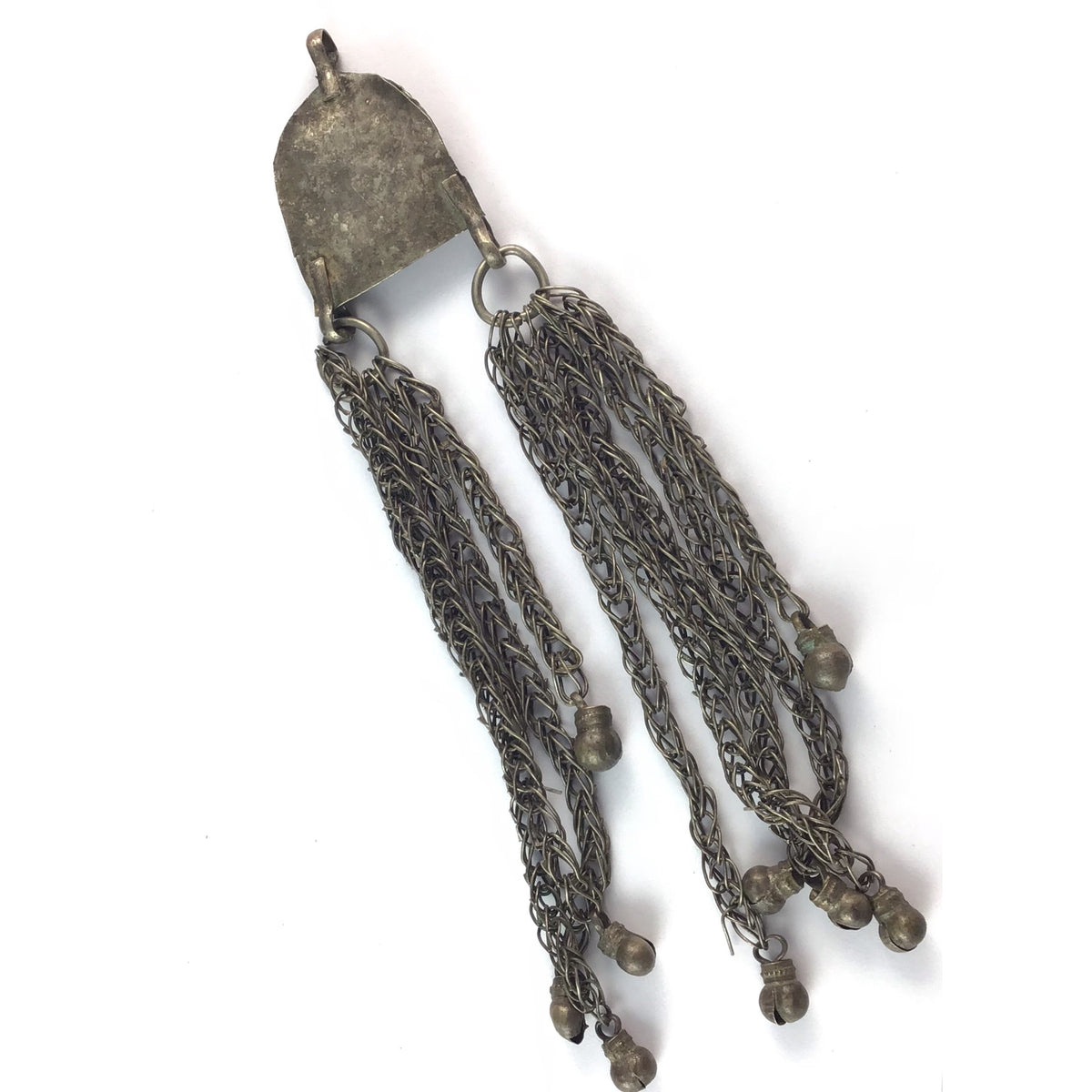 Bedouin Silver Metal Hanging Pendant with Long Chains and Tiny Bells - Rita Okrent Collection (P681)