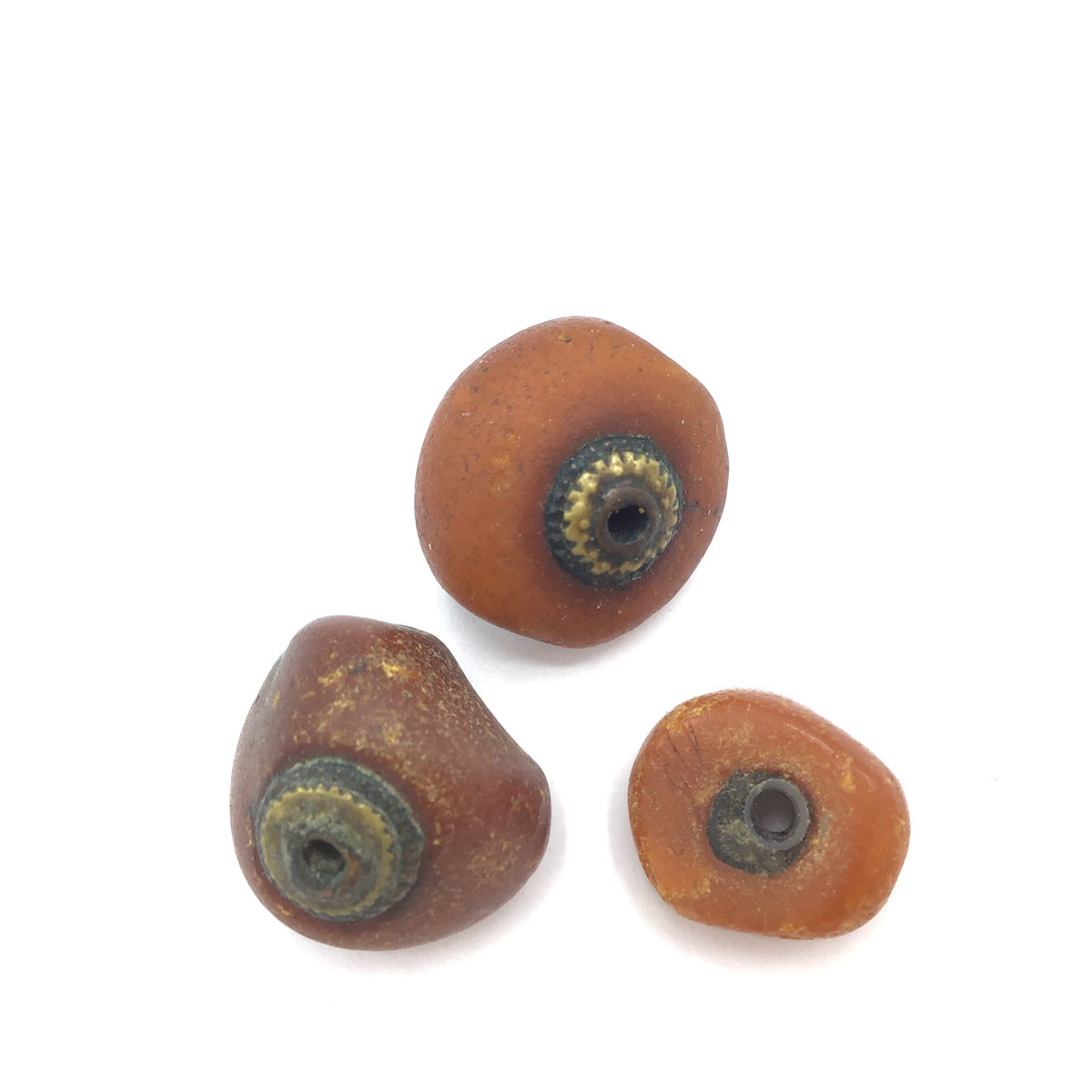 Set of 3 Collectible Antique Natural Amber Beads with Metal Bead Caps, Mauritania, West African Trade - Rita Okrent Collection (C555n)