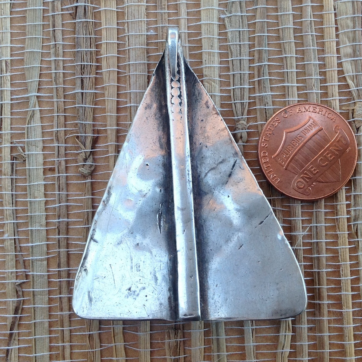 Exquisite Antique Silver and Coral Triangular Decorated Temporal Pendant from Tunisia - P570