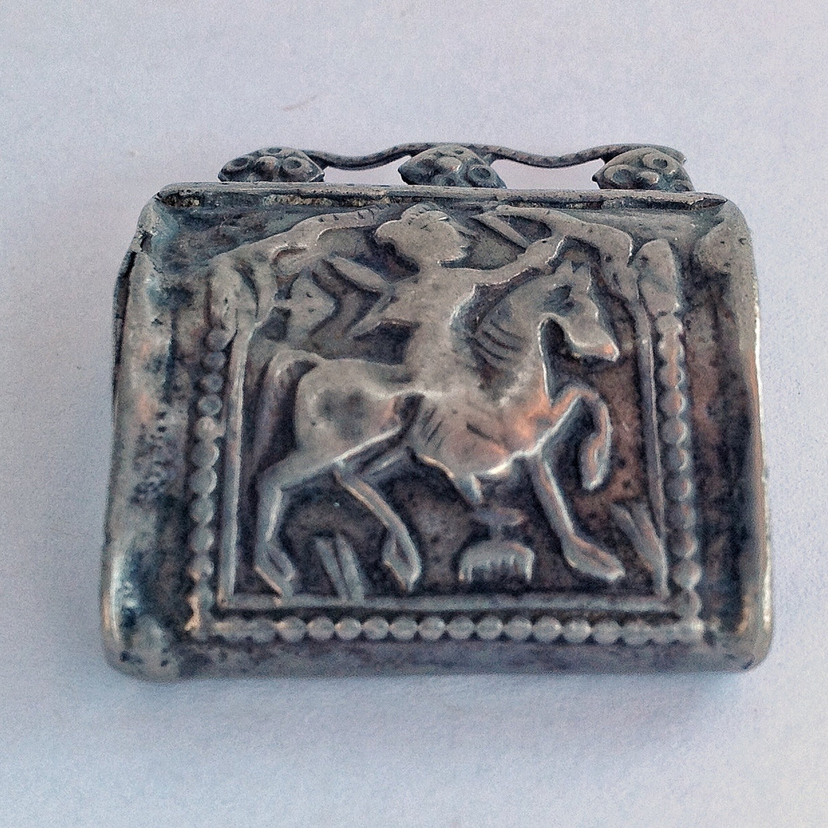 Antique Hindu Silver Repousse Box Amulet from India with 3 Top Bails -  Rita Okrent Collection (P562)