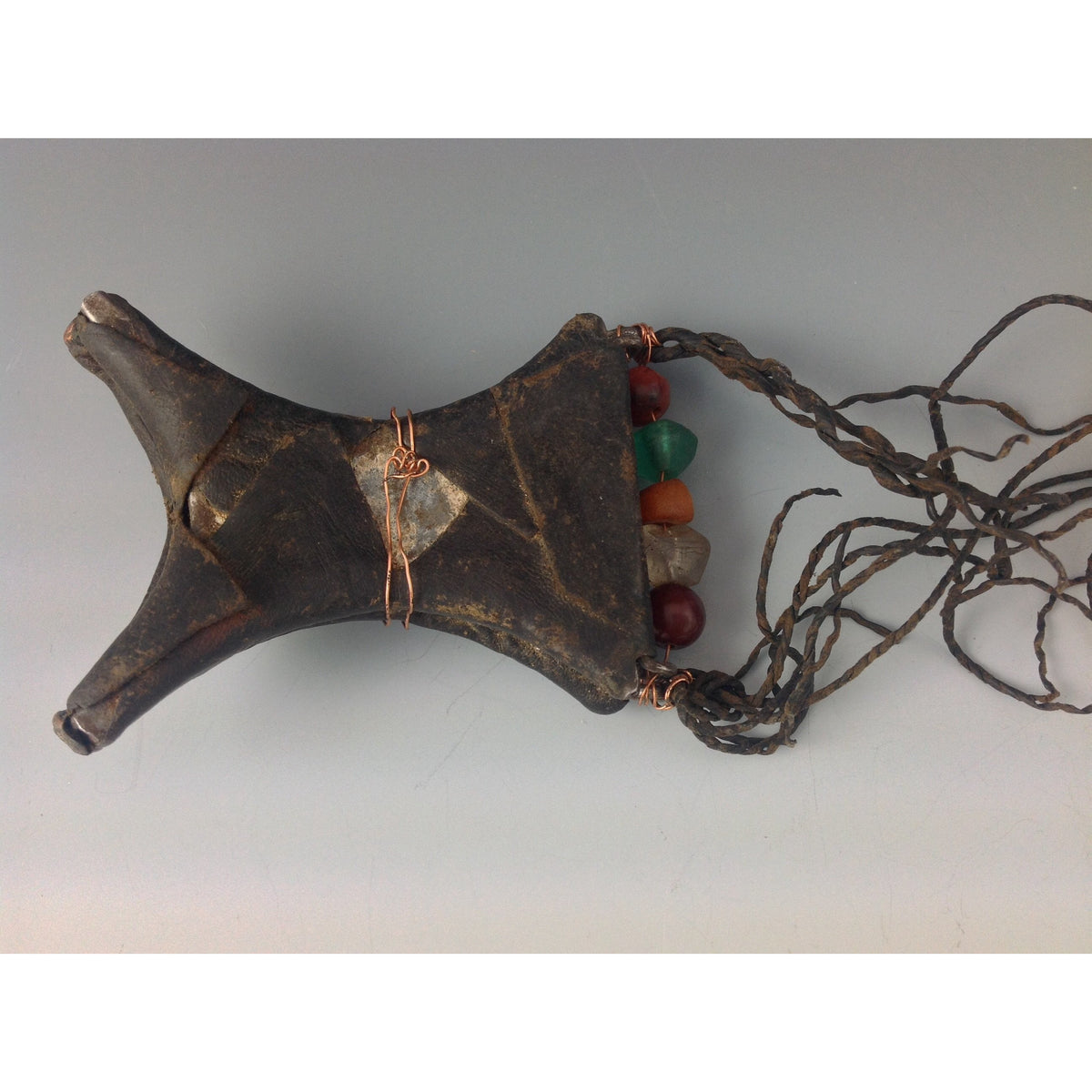 Tuareg Tcherot Leather and Silver Double Amulet, with Raised Buttons and Decorative Beads, Mauritania - Rita Okrent Collection (P642e)