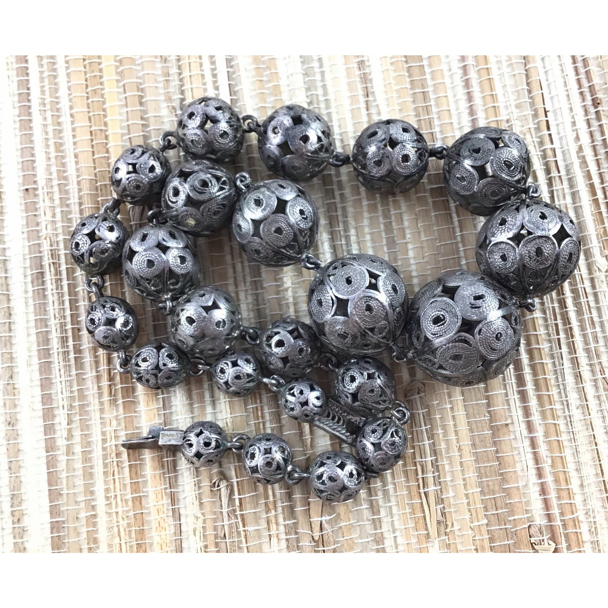 Ethnic Old Silver Graduated Filigree Beaded Choker Necklace, Turkey, Malta or Balkans - Rita Okrent Collection (NE110)