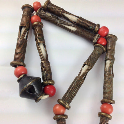 Lost Wax Brass Hair Beads with Coral Prosser Beads, Old, Niger- AT0314