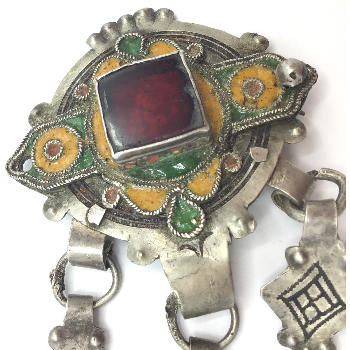 Old Berber Enamel Amulet with Red Glass Inset and Three Hanging Kite Dangles - Rita Okrent Collection (P617)