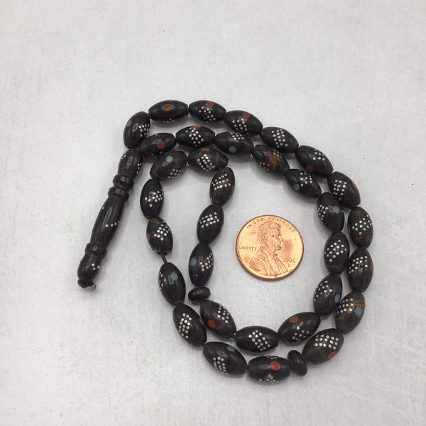 Yemeni Black Coral Beads, Inlaid with Silver, Coral and Turquoise, Ros ...