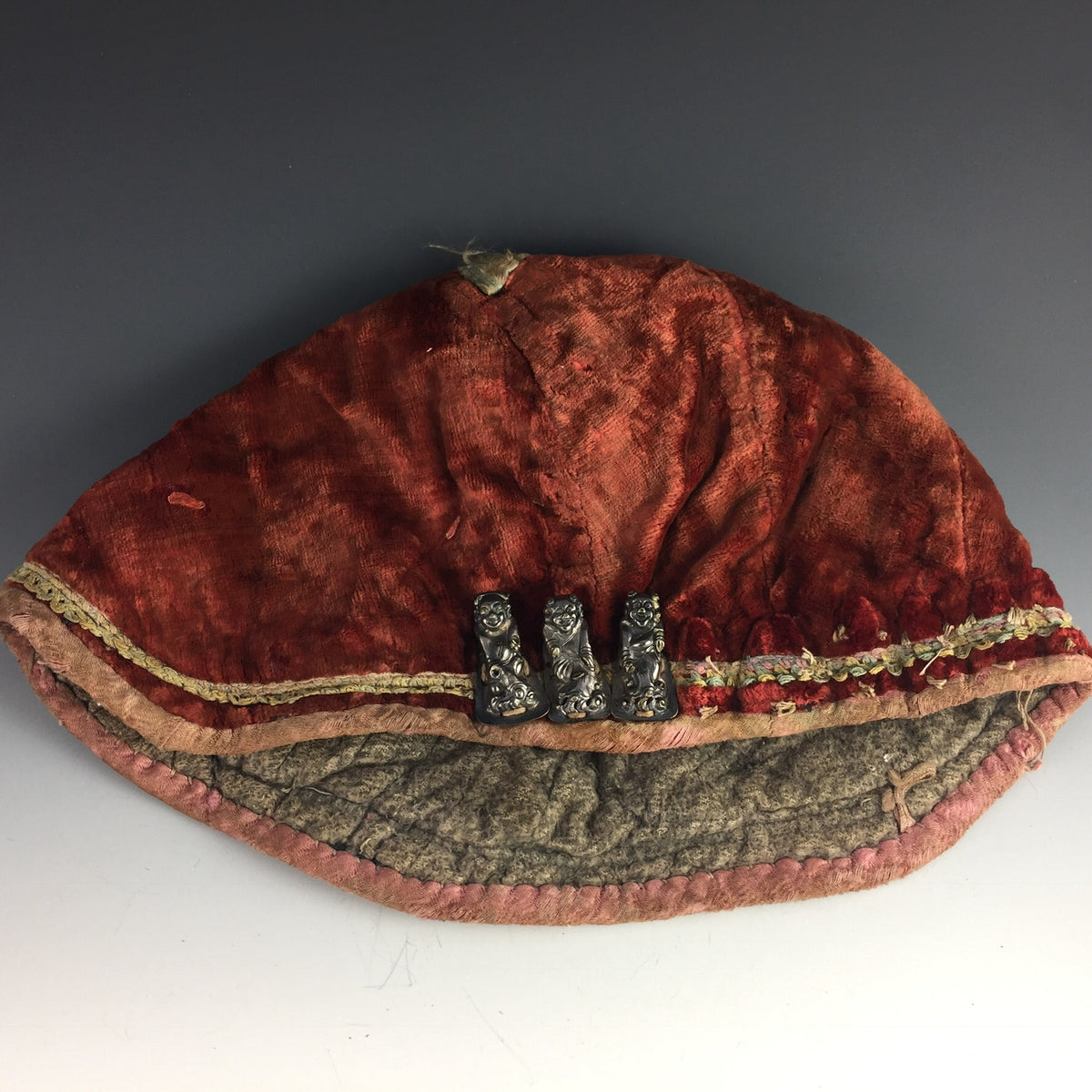 Red Orange Velvet Tiger Hat, Mainland China with 3 Silver Amulets - Rita Okrent Collection (AA025)