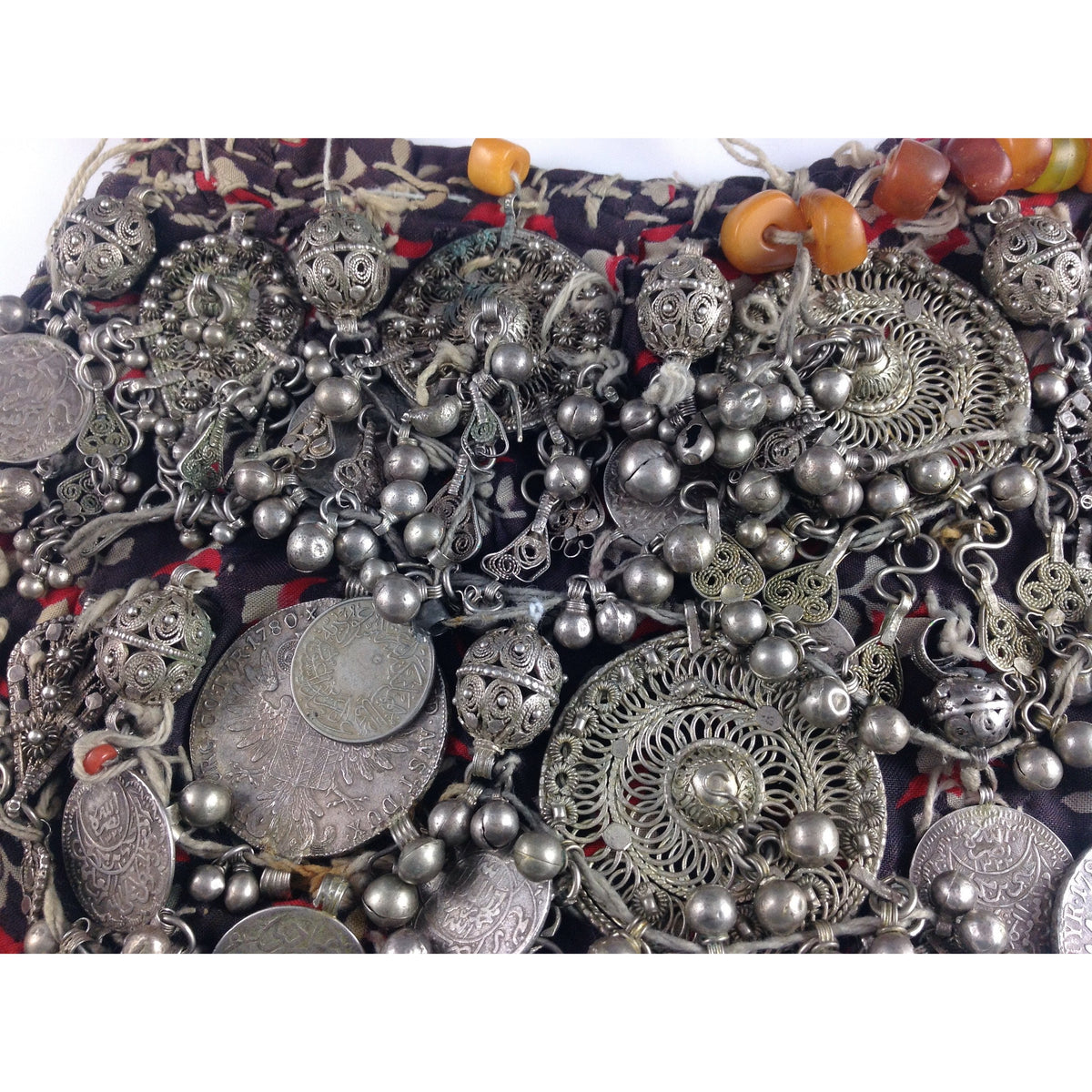 Spectacular Old Yemeni Bedouin Textile with Silver Pendants and Coins and Amber Beads - C516