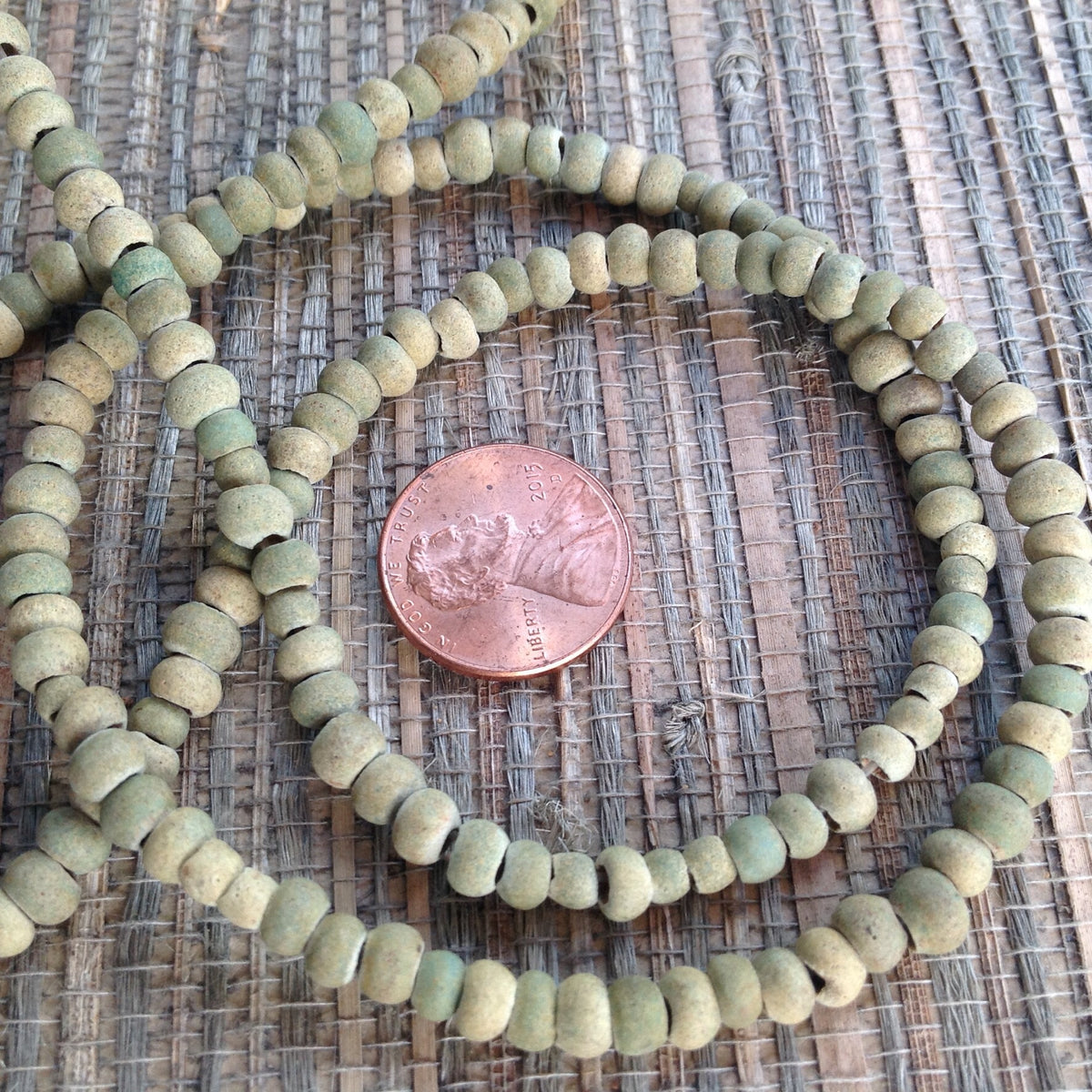 Rare Green-Hued Beige Antique Small Round Glass Excavated Beads, Europe via Mali - ANT321