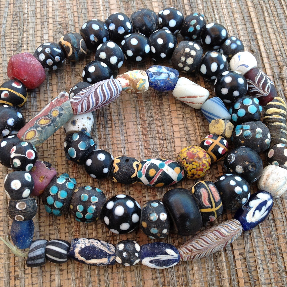 Mixed African Trade - Black Skunk, and Other Venetian Glass Trade Beads and Ancient Glass Beads, Strand - Rita Okrent Collection (AT0754)