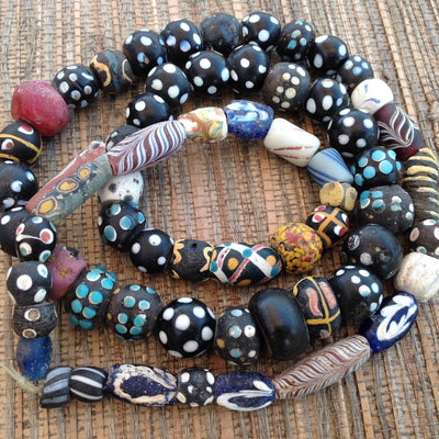 Mixed African Trade - Black Skunk, and Other Venetian Glass Trade Beads and Ancient Glass Beads, Strand - Rita Okrent Collection (AT0754)