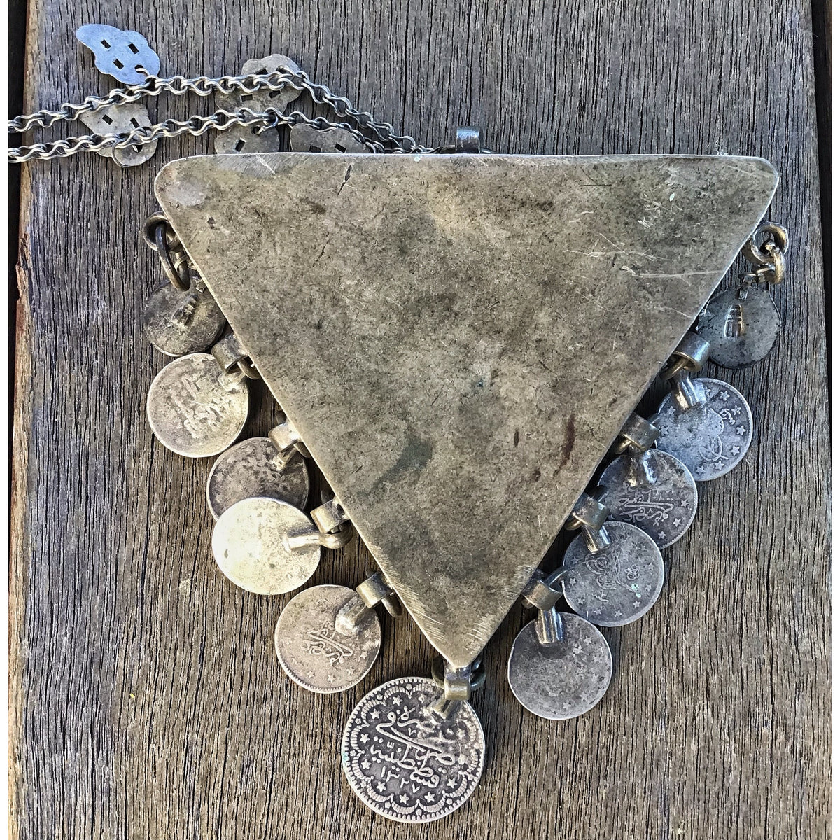 Antique Kurdish Decorated Silver Triangular Box Pendant with Hanging Coins and Carnelian Stone Setting on Chain, Anatolia - Rita Okrent Collection (NE425)