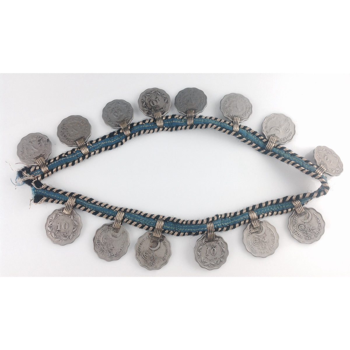 Large Vintage Tribal Coin Silver Coin Pendants on Old Textile - P241b
