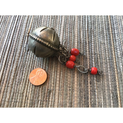 Vintage High Atlas Beads with Etching, Hanging Loops and Suspended Red Beads, Morocco - Rita Okrent Collection (ANT094gh)