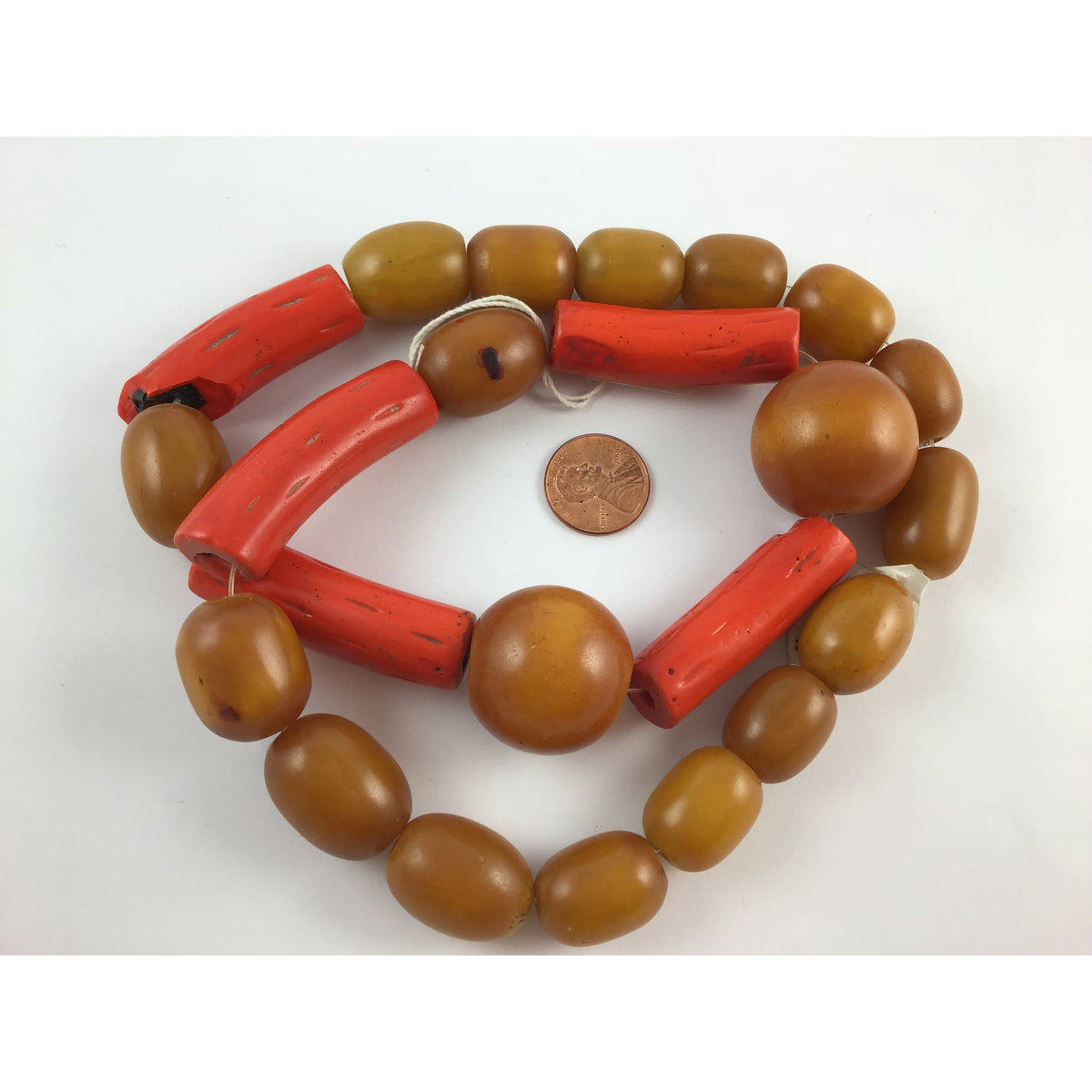 Vintage African Faux Amber Beads with Red Dyed Faux Coral Beads - AT0285