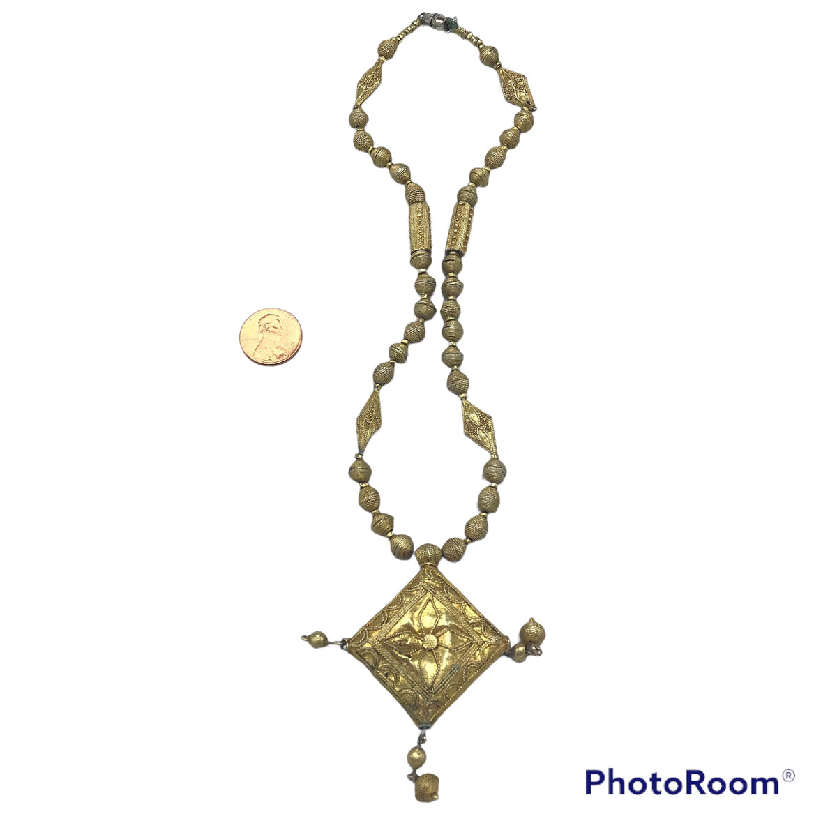 Mauritanian Gold-Plated Gilded Beaded Necklace with Diamond Shaped Pendant - Rita Okrent Collection (NE577)